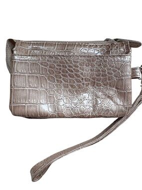 New York and Company Metallic Taupe Croc-Embossed Wristlet Bag